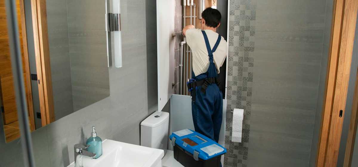 A Brassline plumber repairing the pipes behind a bathroom wall panel
